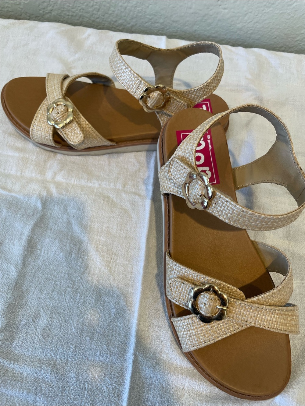 pop Beige Woven Girls' Sandals with Gold Buckles